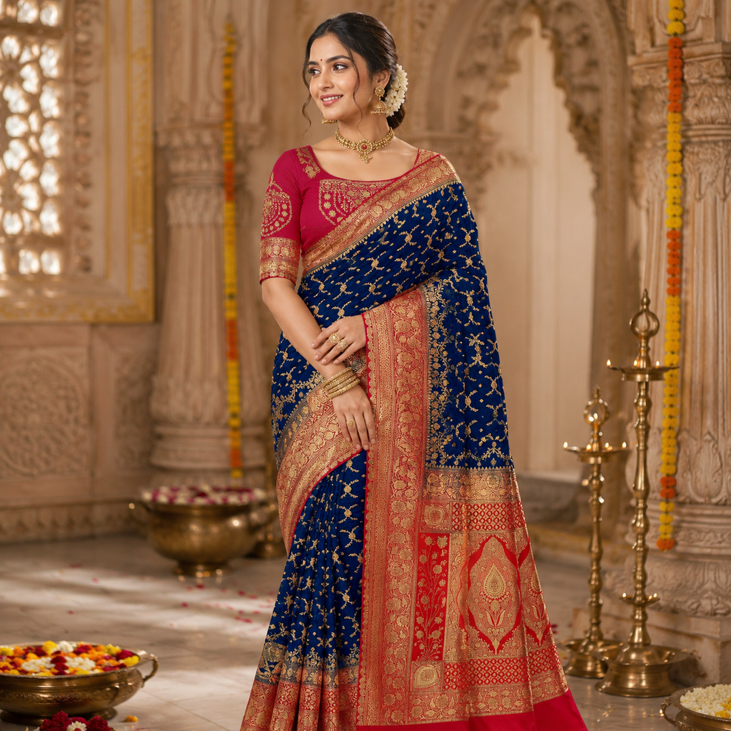 ROYAL BLUE RED BANARASI SILK SAREE