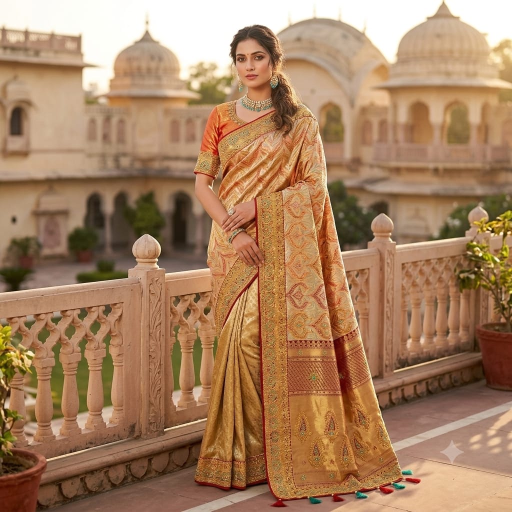 POWDER BLUE BANARASI SILK SAREE WITH BURNT ORANGE