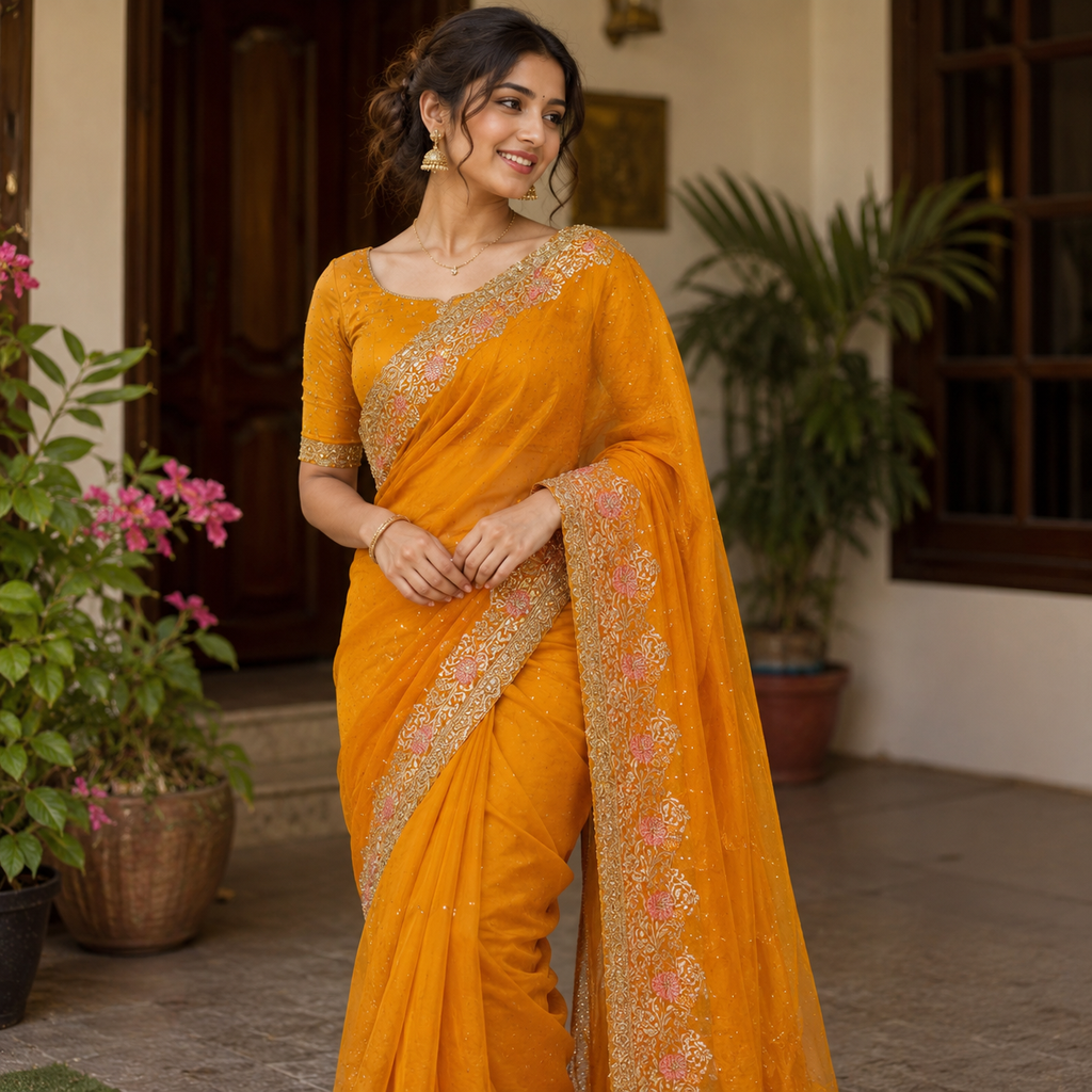 MARIGOLD GEORGETTE SAREE WITH GOLD+ PINK ZARI BORDER