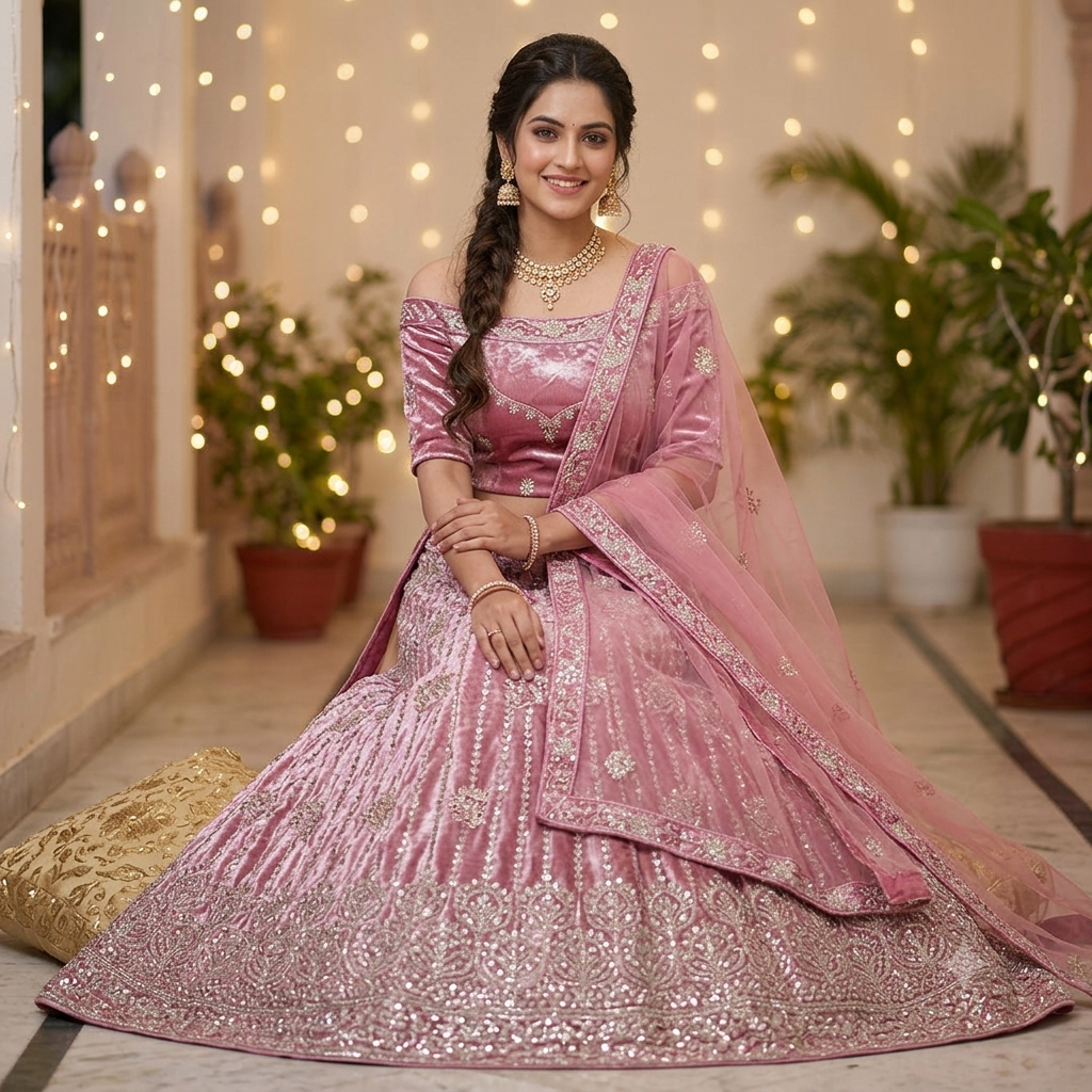 DUSTY PINK VELVET LEHENGA WITH SILVER SEQUIN WORK