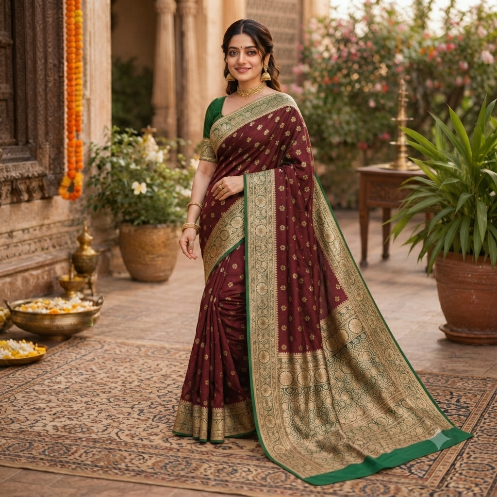 WINE-MAROON MEHENDI GREEN BANARASI SILK SAREE