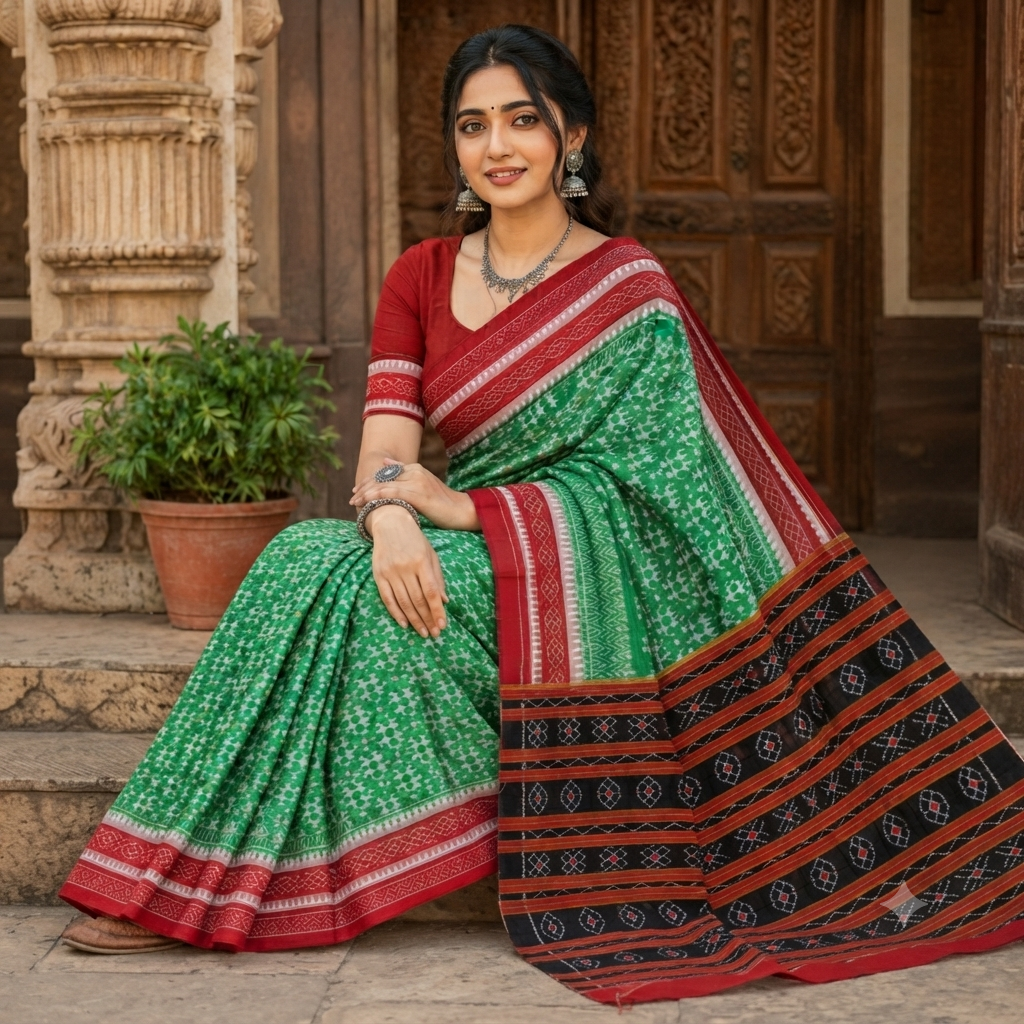 PARROT GREEN SAMBALPURI HANDLOOM COTTON SAREE