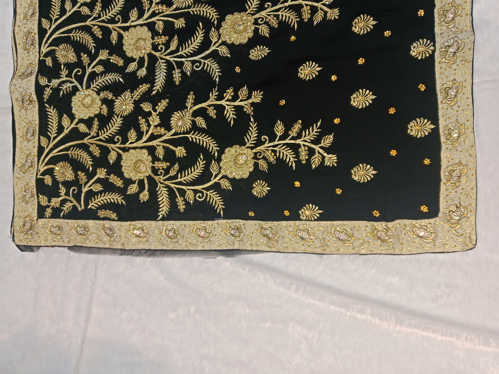 BLACK GEORGETTE SAREE WITH ANTIQUE GOLD ZARI FLORAL JAAL