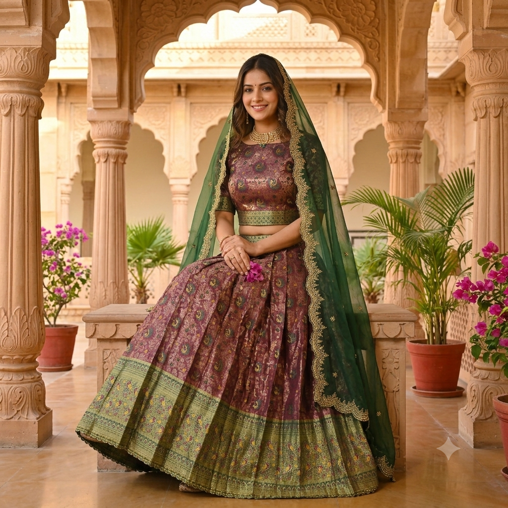 DEEP WINE LEHENGA WITH PEACOCK+ PAISLEY BUTI WORK+ THAT RICH OLIVE GREEN BORDER
