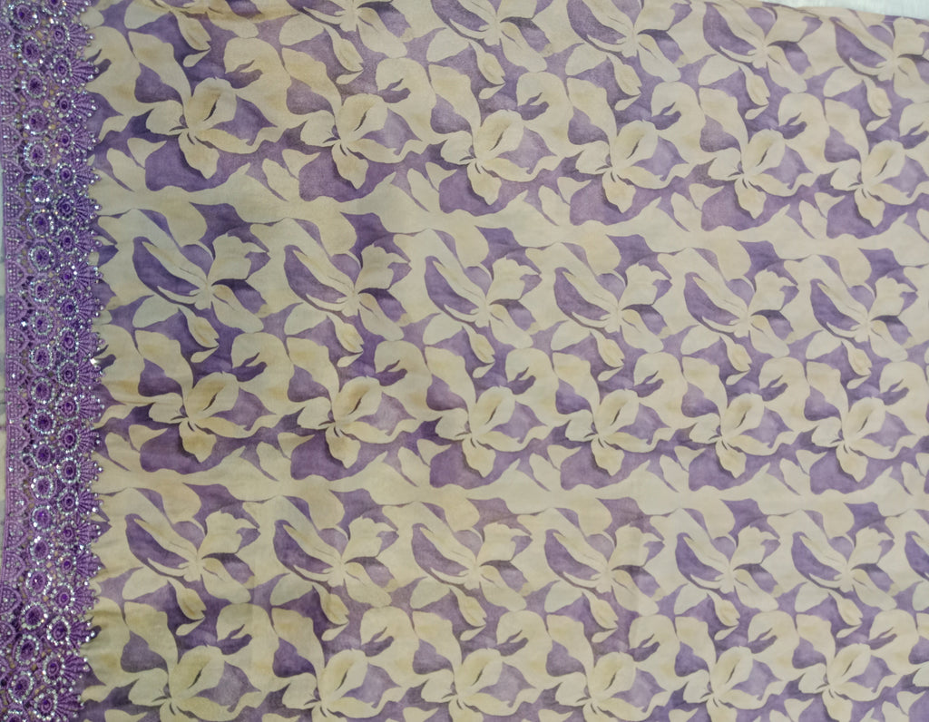 LAVENDER+BEIGE FLORAL PRINT ORGANZA/SATIN SAREE