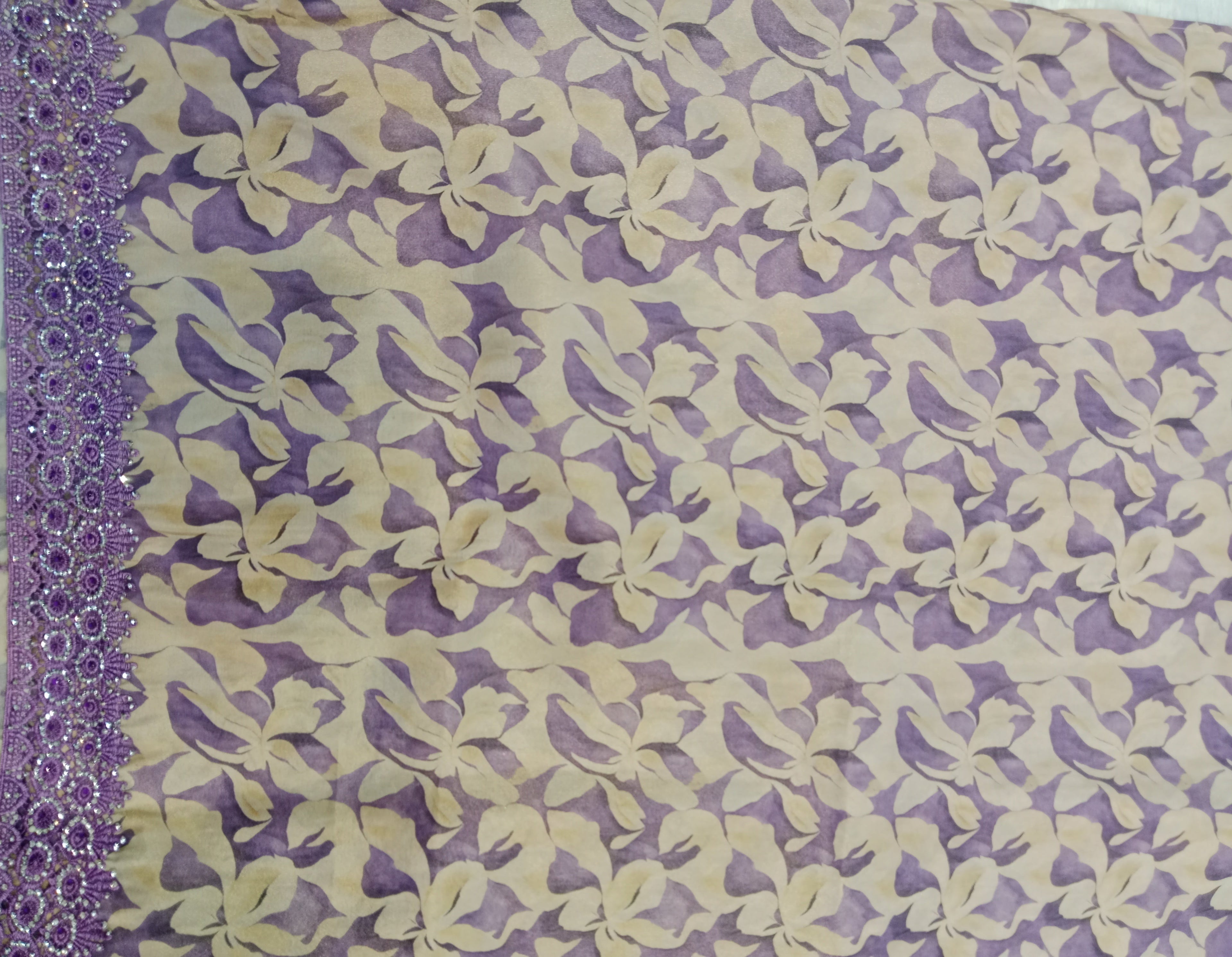 LAVENDER+BEIGE FLORAL PRINT ORGANZA/SATIN SAREE