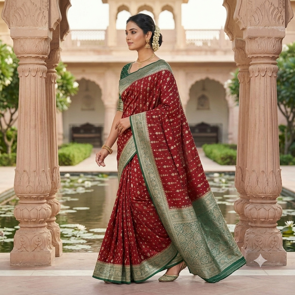 MAROON BANARASI SILK SAREE WITH BOTTLE GREEN CONTRAST