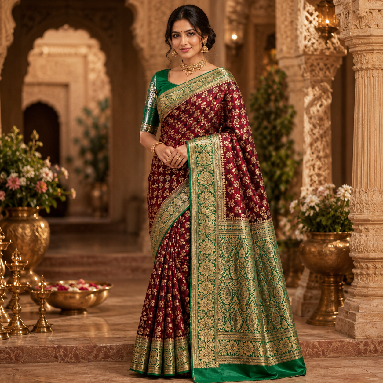 MAROON EMERALD GREEN BANARASI SILK SAREE